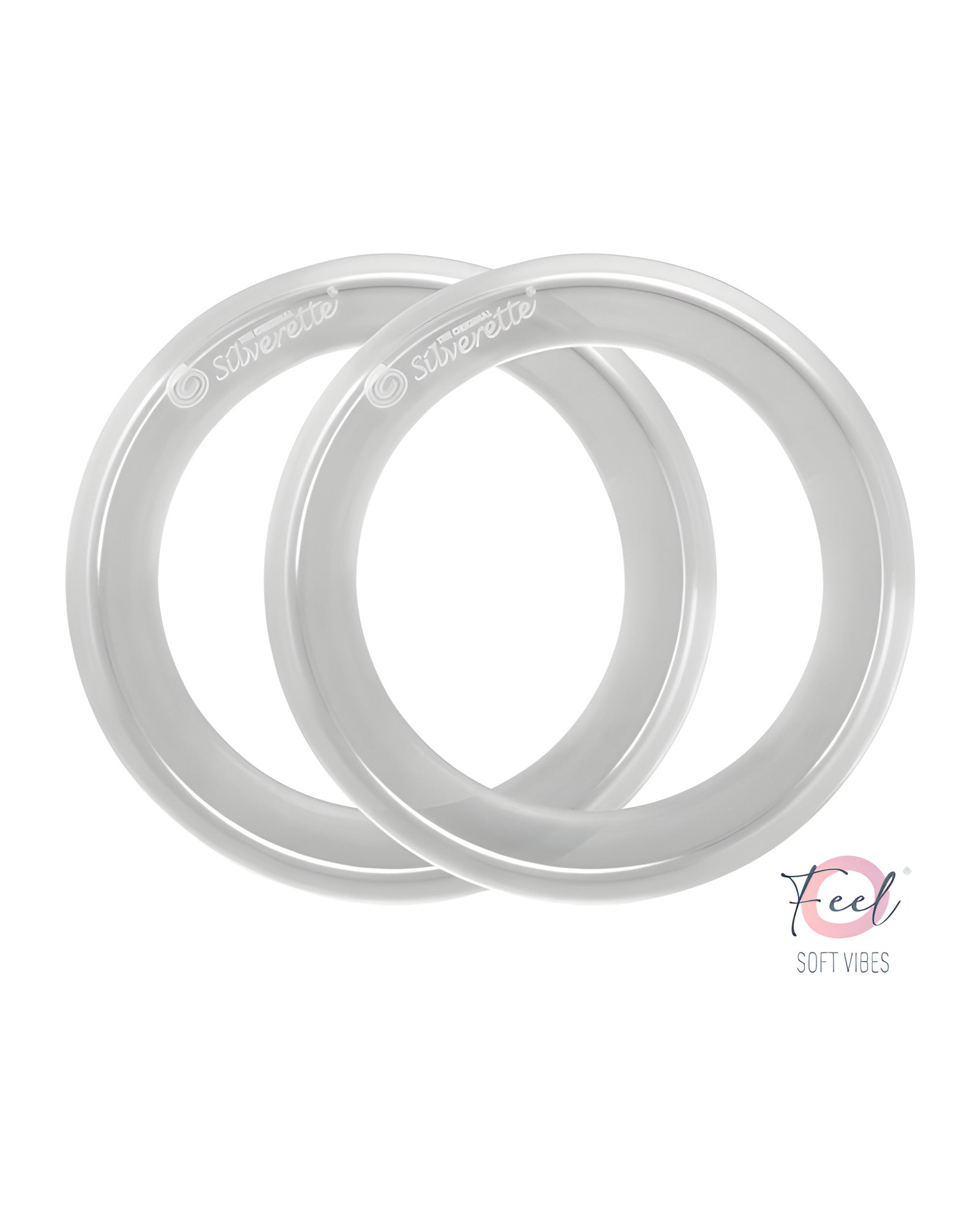 Pair of Silverette O-Feel Soft Vibes clear silicone rings that hold silver nursing cups in place