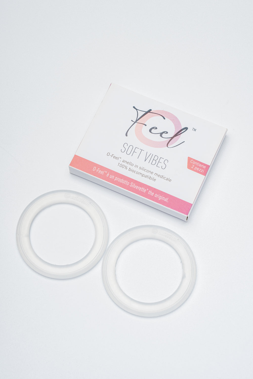 Silverette O-Feel Soft Vibes box with a pair of clear silicone rings that hold silver nursing cups in place